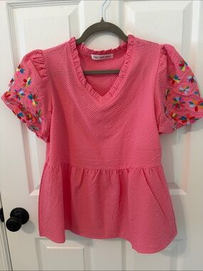 Pink Puff Sleeve V-Neck Peplum Top